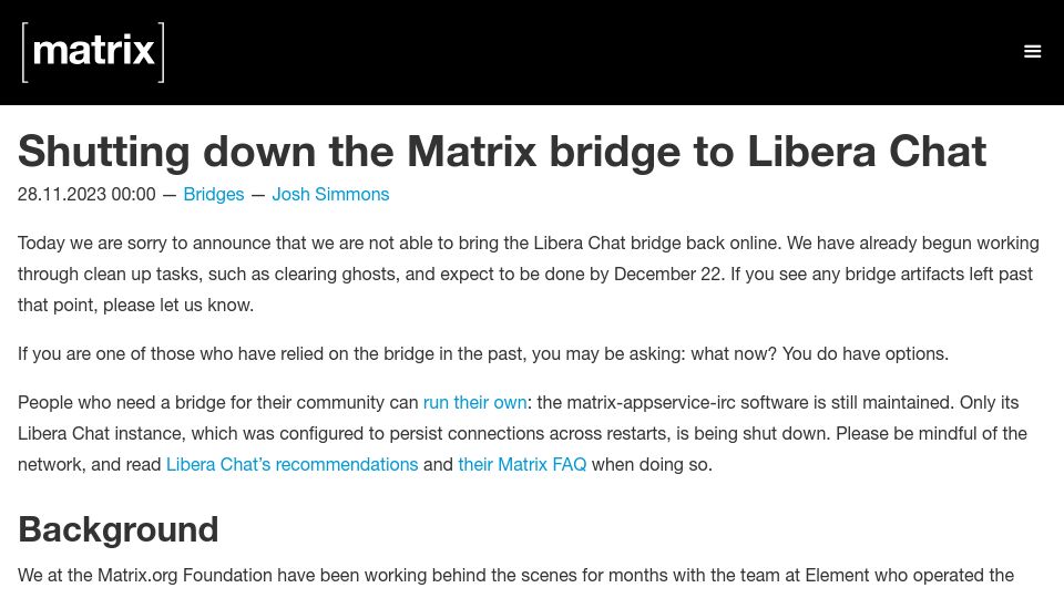 Screenshot of matrix.org: Shutting down the Matrix bridge to Libera chat