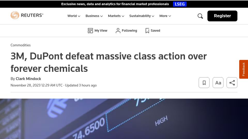 Screenshot of reuters.com: 3M, DuPont Defeat Class Action over Forever Chemicals