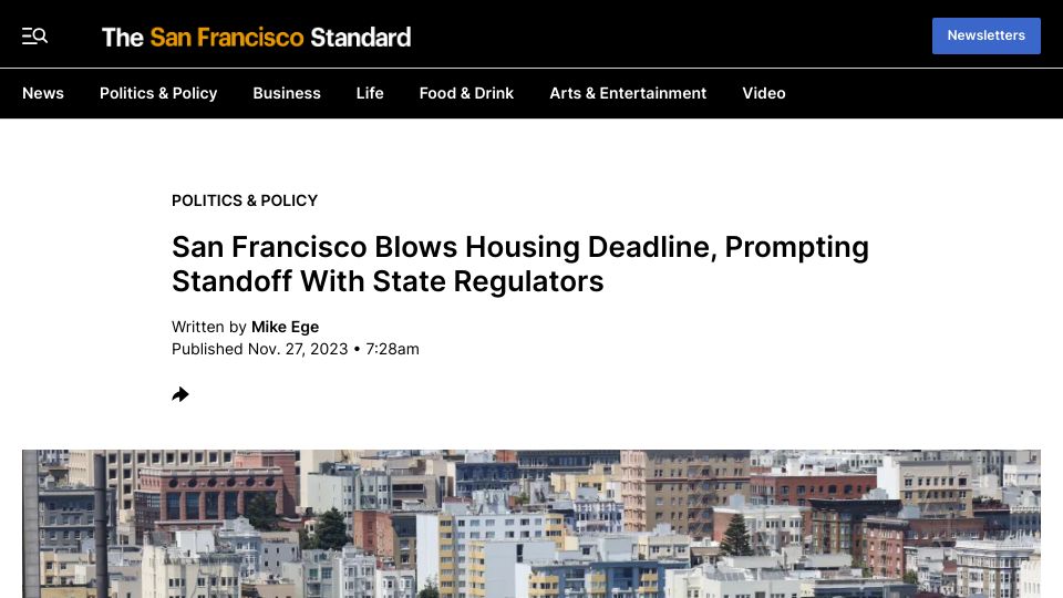 Screenshot of sfstandard.com: San Francisco Blows Housing Deadline, Prompting Standoff with State Regulators