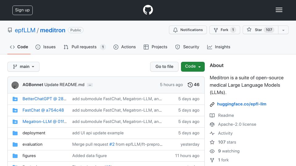 Screenshot of github.com: Meditron: A suite of open-source medical Large Language Models