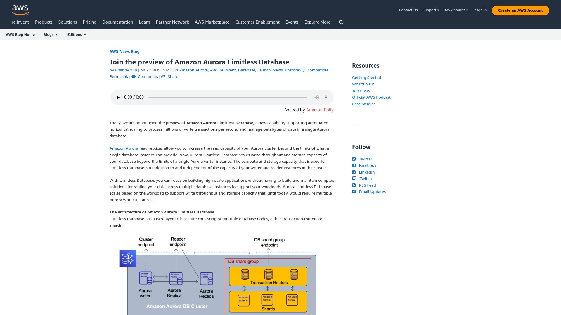 Screenshot of aws.amazon.com: Amazon Aurora Limitless Database