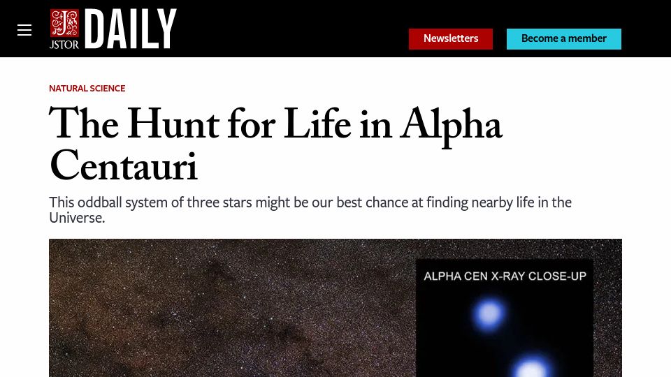 Screenshot of daily.jstor.org: The hunt for life in Alpha Centauri