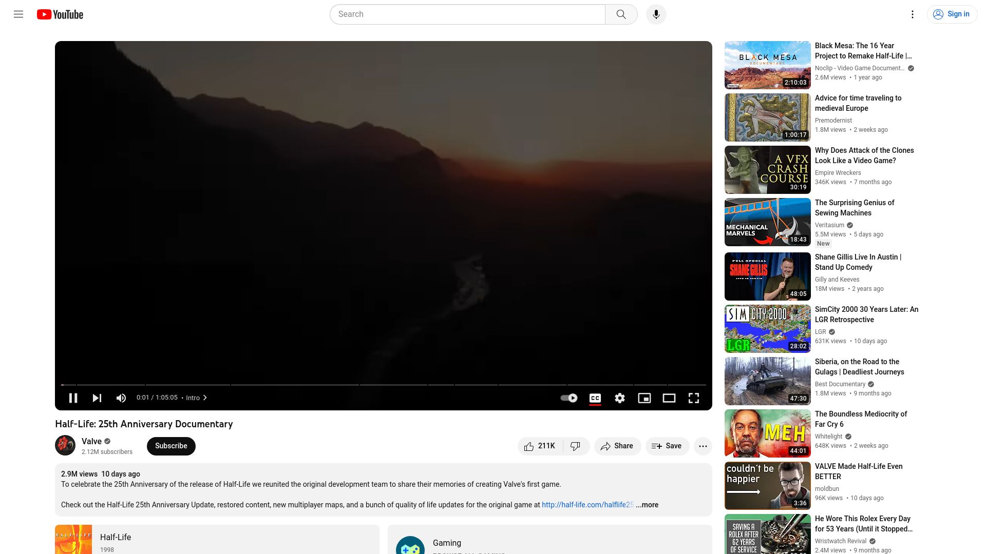 Screenshot of youtube.com: Half Life:25th Anniversary Documentary