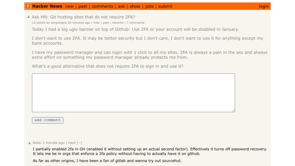 Screenshot of Hacker News post: Ask HN: Git hosting sites that do not require 2FA?