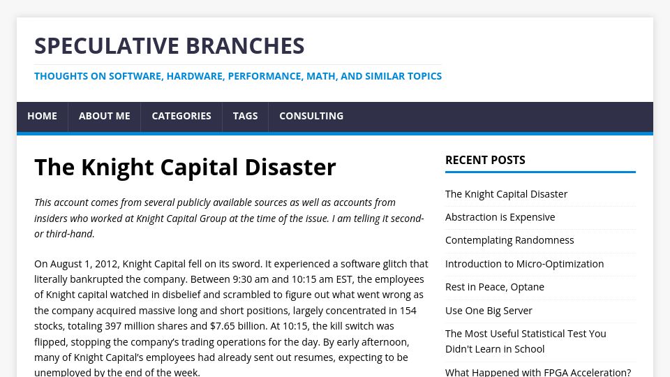 Screenshot of specbranch.com: The Knight Capital Disaster