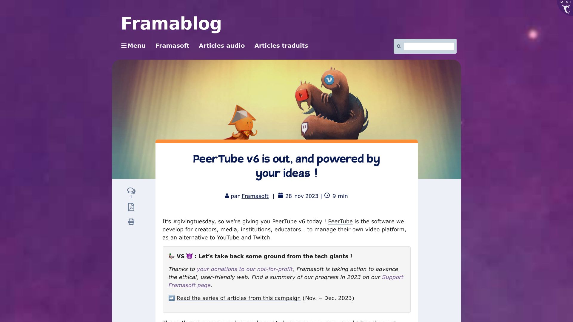 Screenshot of framablog.org: PeerTube v6