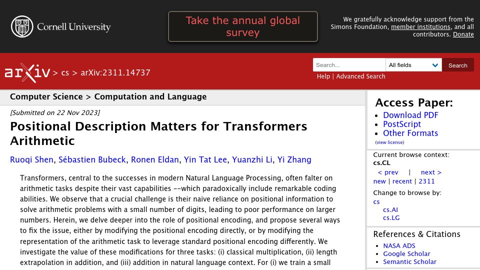 Screenshot of arxiv.org: Positional description matters for transformers arithmetic