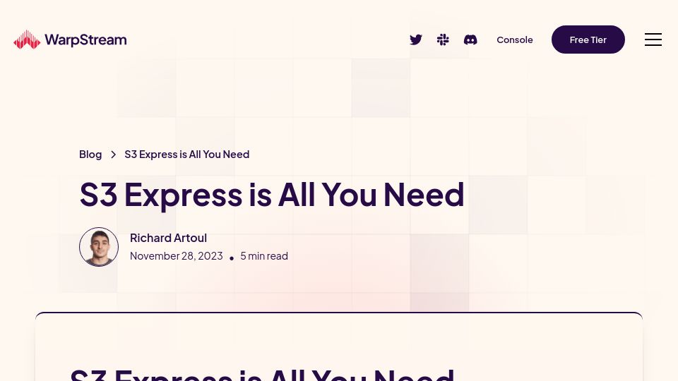 Screenshot of warpstream.com: S3 Express Is All You Need