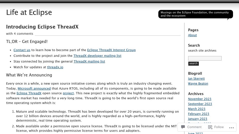 Screenshot of eclipse-foundation.blog: Eclipse ThreadX