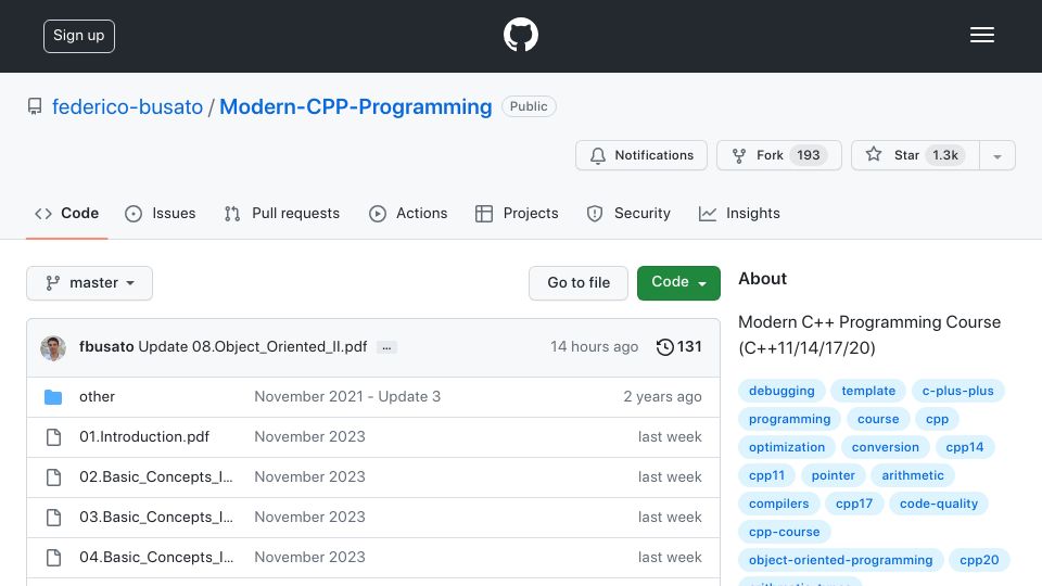 Screenshot of github.com: Modern C++ Programming Course