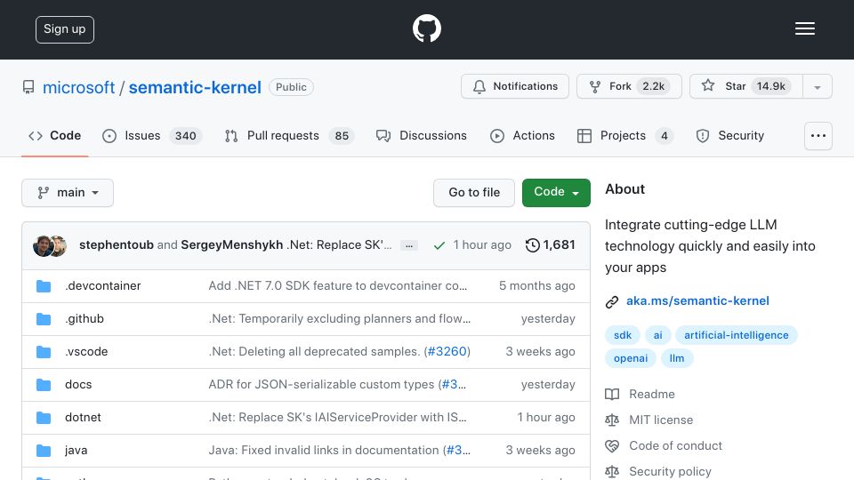 Screenshot of github.com: Semantic Kernel