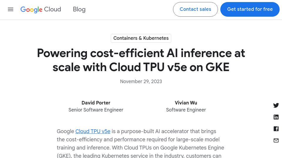 Screenshot of cloud.google.com: Powering cost-efficient AI inference at scale with Cloud TPU v5e on GKE