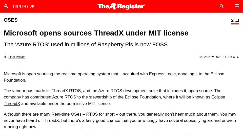 Screenshot of theregister.com: Microsoft open-sources ThreadX
