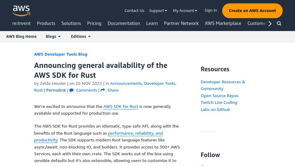 Screenshot of aws.amazon.com: General Availability of the AWS SDK for Rust