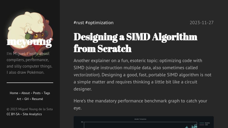 Screenshot of mcyoung.xyz: Designing a SIMD Algorithm from Scratch