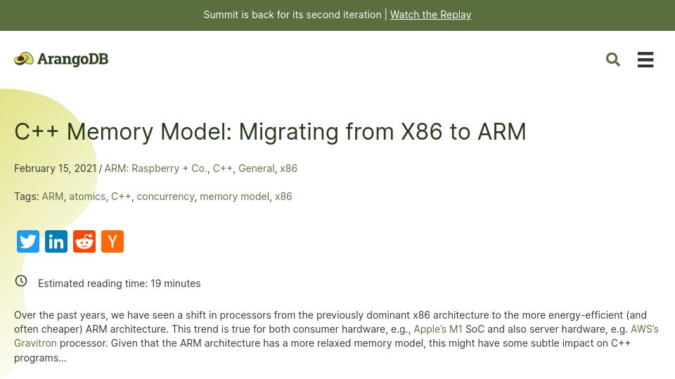Screenshot of arangodb.com: C++ Memory Model: Migrating from x86 to ARM (2021)