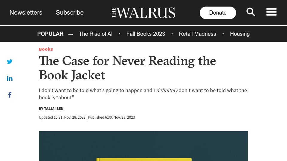 Screenshot of thewalrus.ca: The case for never reading the book jacket