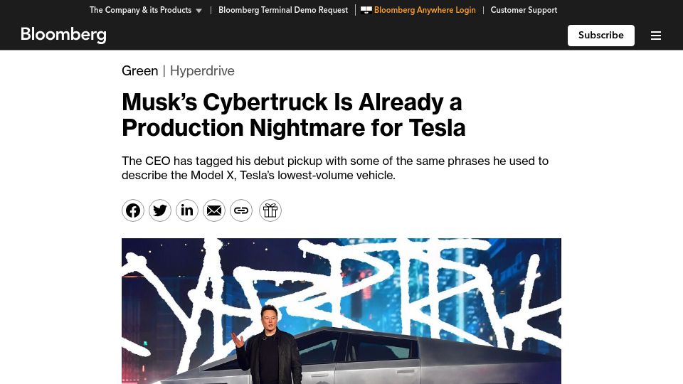 Screenshot of bloomberg.com: Cybertruck Is Already a Production Nightmare for Tesla