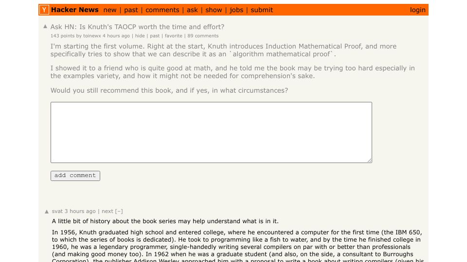 Screenshot of Hacker News post: Ask HN: Is Knuth's TAOCP worth the time and effort?