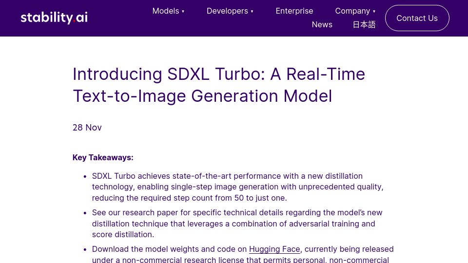 Screenshot of stability.ai: SDXL Turbo: A Real-Time Text-to-Image Generation Model
