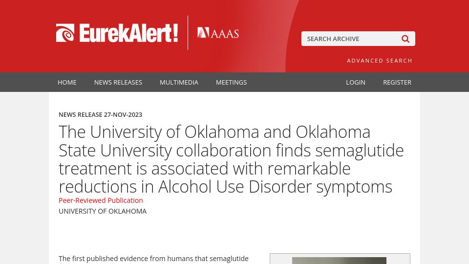Screenshot of eurekalert.org: Semaglutide treatment associated with high reduction in Alcohol Use Disorder