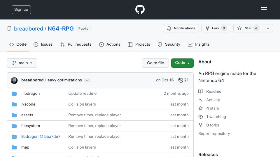 Screenshot of github.com: RPG Engine for the Nintendo 64
