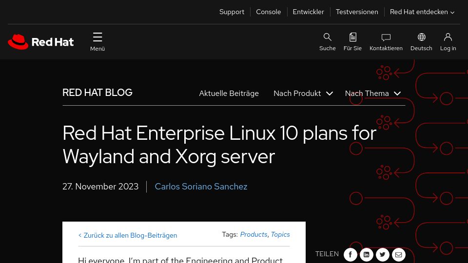 Screenshot of redhat.com: Red Hat Enterprise Linux 10 Plans for Wayland and Xorg Server