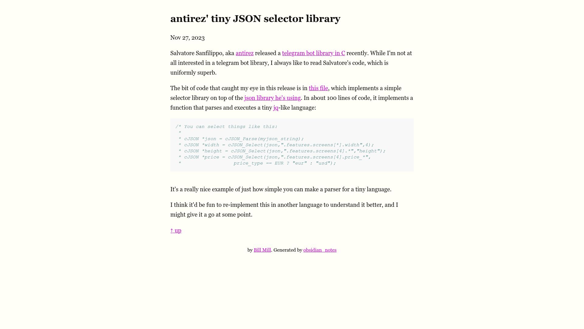 Screenshot of notes.billmill.org: Antirez' tiny JSON selector library