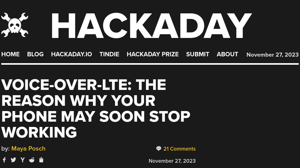 Screenshot of hackaday.com: Voice-over-LTE: The Reason Why Your Phone May Soon Stop Working
