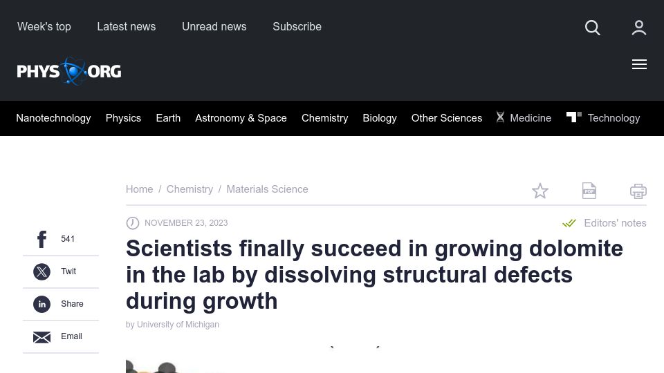 Screenshot of phys.org: Scientists succeed in growing dolomite in the lab