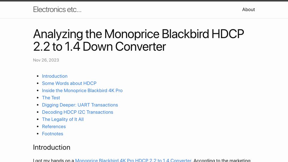 Screenshot of tomverbeure.github.io: Analyzing the Monoprice Blackbird HDCP 2.2 to 1.4 Down Converter