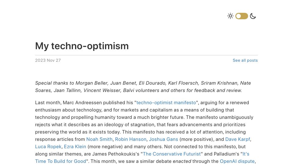 Screenshot of vitalik.eth.limo: Vitalik Buterin's Techno-Optimism