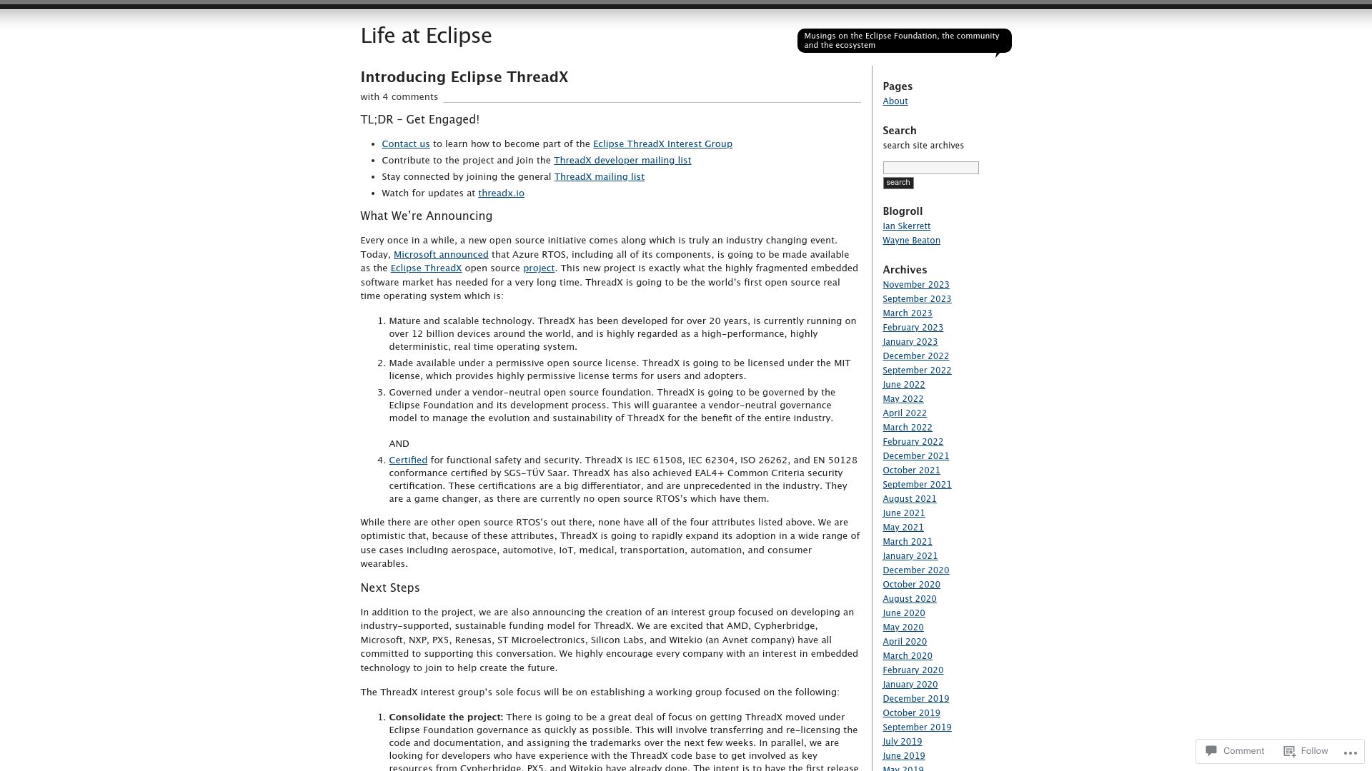 Screenshot of eclipse-foundation.blog: Eclipse ThreadX