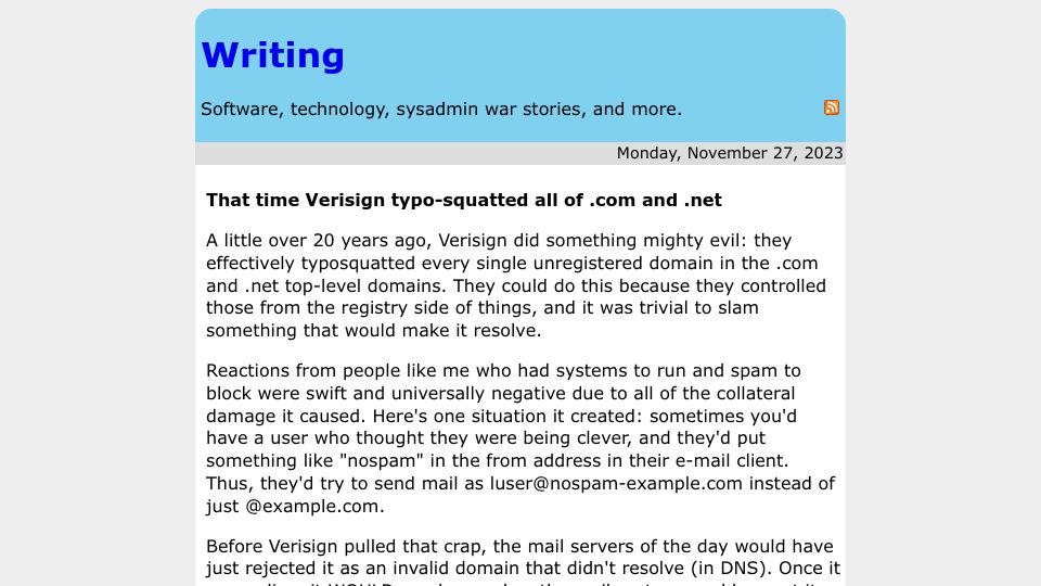 Screenshot of rachelbythebay.com: That time Verisign typo-squatted all of .com and .net