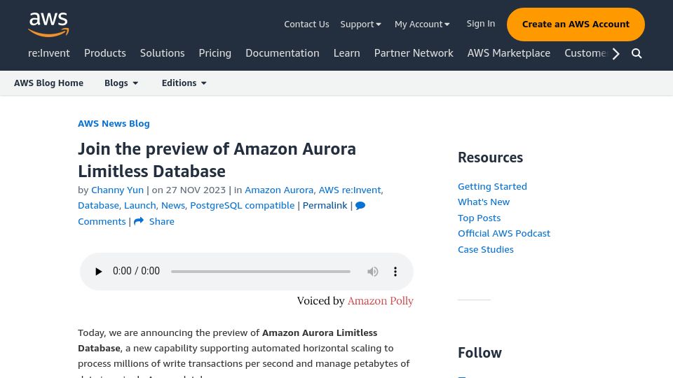 Screenshot of aws.amazon.com: Amazon Aurora Limitless Database