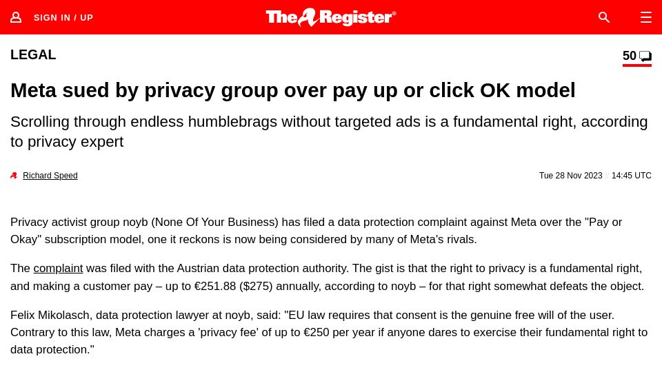 Screenshot of theregister.com: Meta sued by privacy group over pay up or click OK model