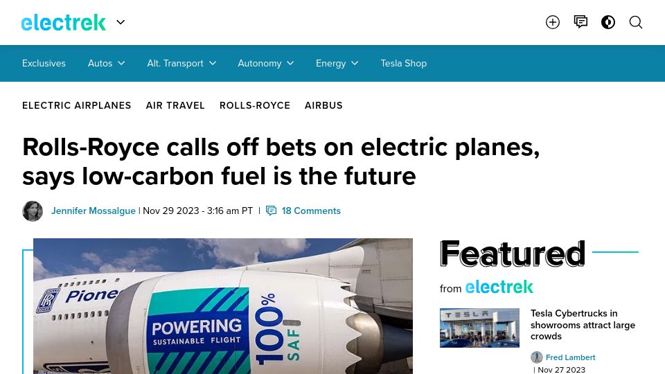 Screenshot of electrek.co: Rolls-Royce calls off bets on electric planes, says low-carbon fuel is future