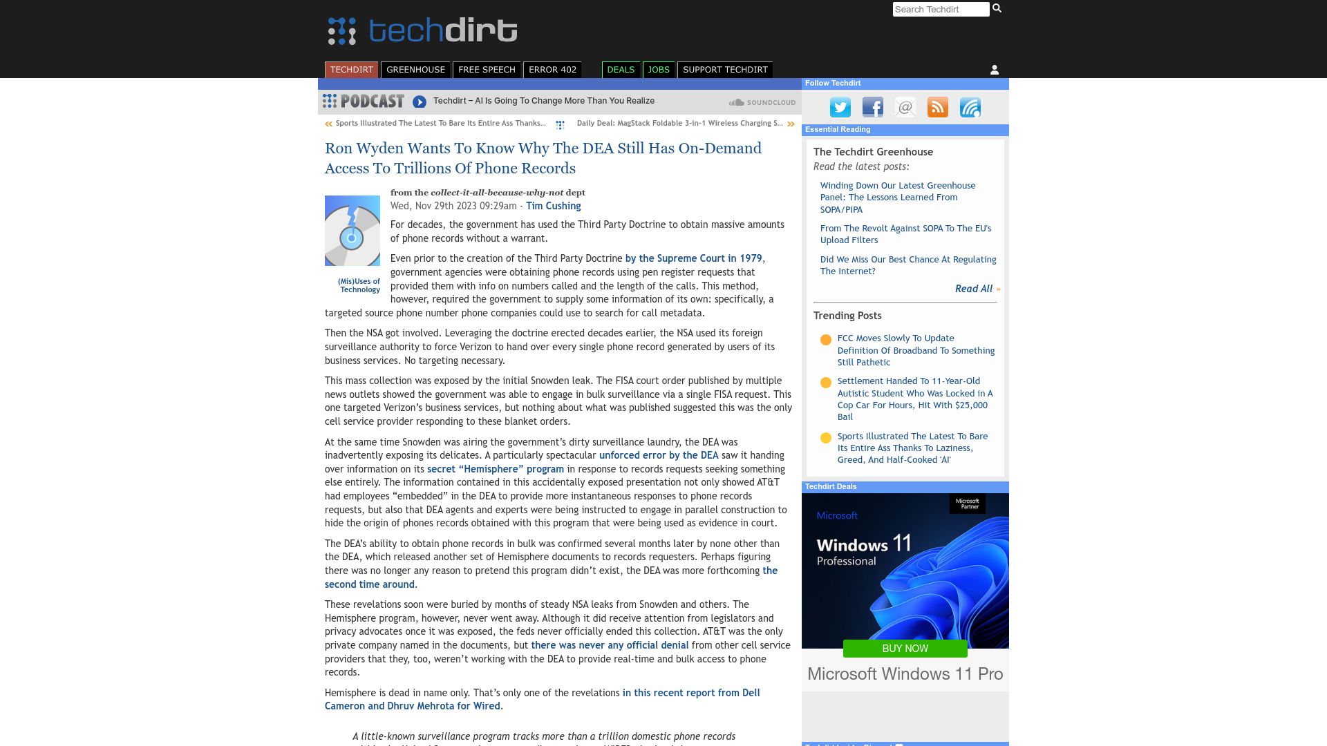 Screenshot of techdirt.com: Why Does the DEA Still Have On-Demand Access to Trillions of Phone Records?