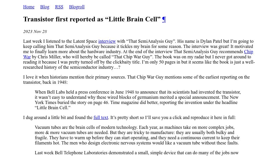 Screenshot of biodigitaljazz.net: Transistor first reported as "little brain cell"