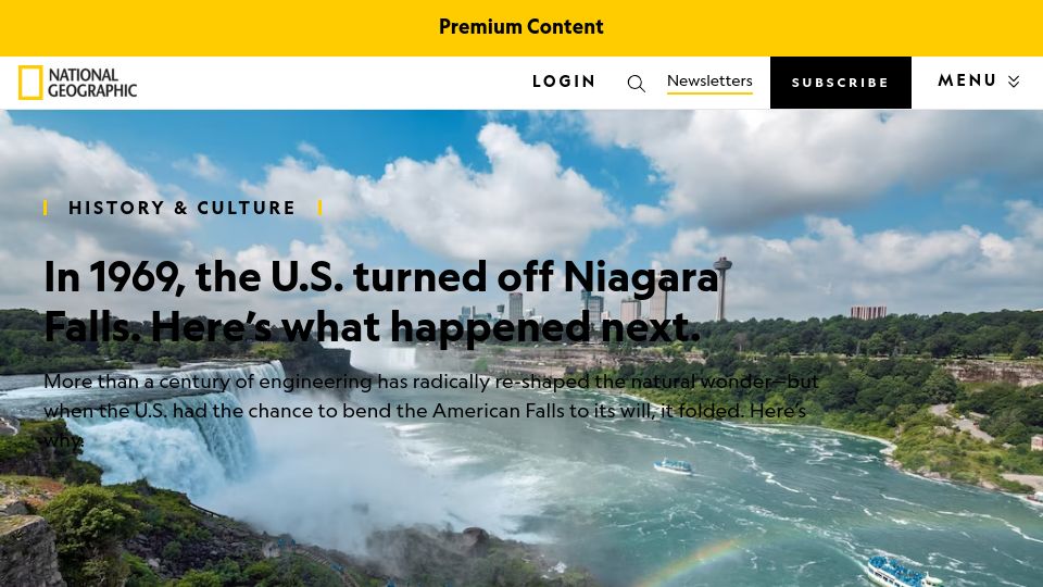 Screenshot of nationalgeographic.com: In 1969, the U.S. turned off Niagara Falls