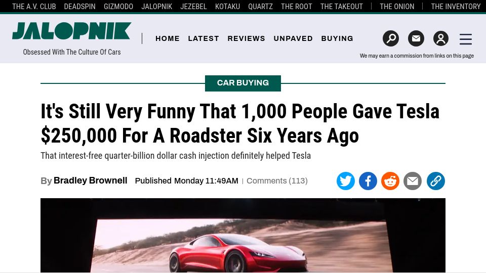 Screenshot of jalopnik.com: It's Still Funny That 1k People Gave Tesla $250k for a Roadster Six Years Ago