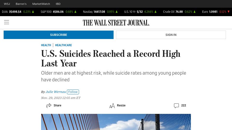 Screenshot of wsj.com: U.S. Suicides Reached a Record High Last Year