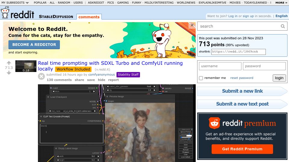 Screenshot of old.reddit.com: Stable Diffusion:Real time prompting with SDXL Turbo and ComfyUI running locally