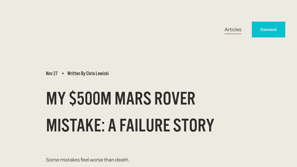Screenshot of chrislewicki.com: My $500M Mars rover mistake