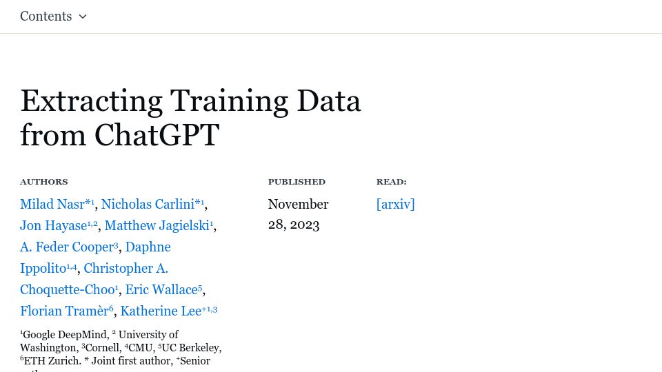 Screenshot of not-just-memorization.github.io: Extracting training data from ChatGPT
