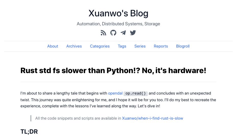 Screenshot of xuanwo.io: Rust std fs slower than Python? No, it's hardware