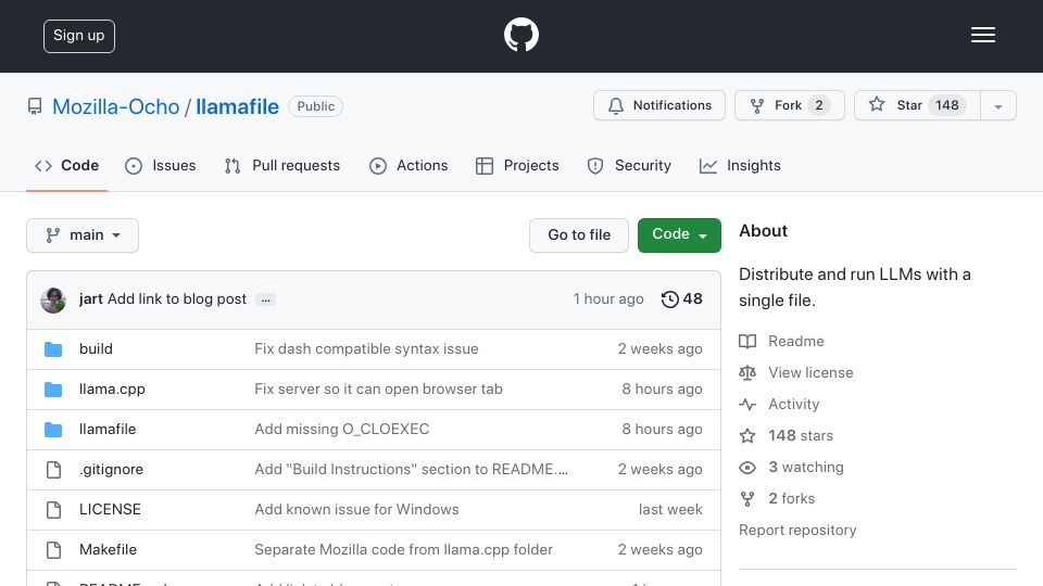 Screenshot of github.com: Llamafile lets you distribute and run LLMs with a single file