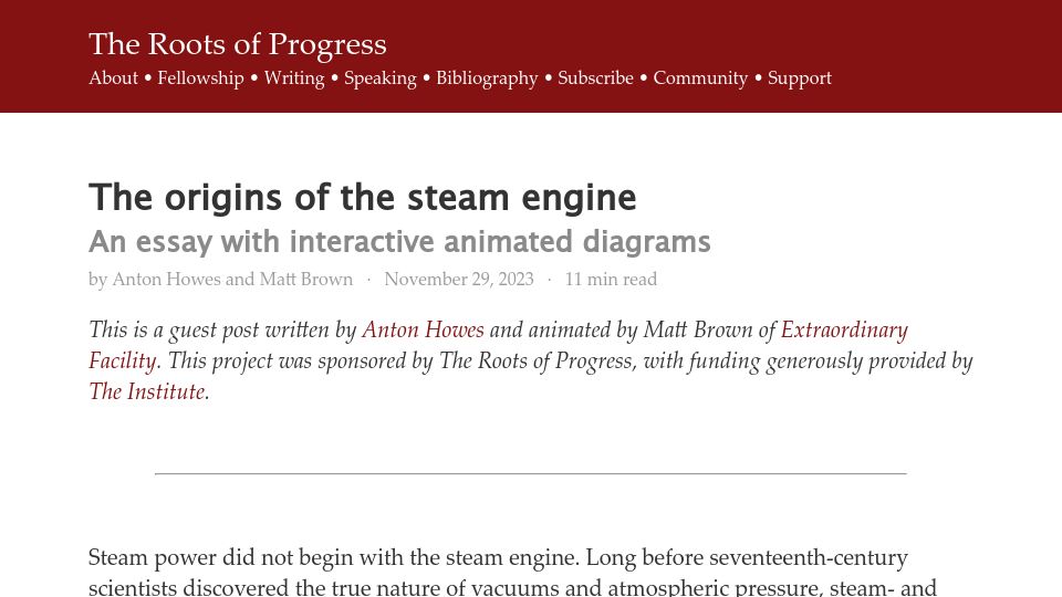 Screenshot of rootsofprogress.org: The origins of the steam engine