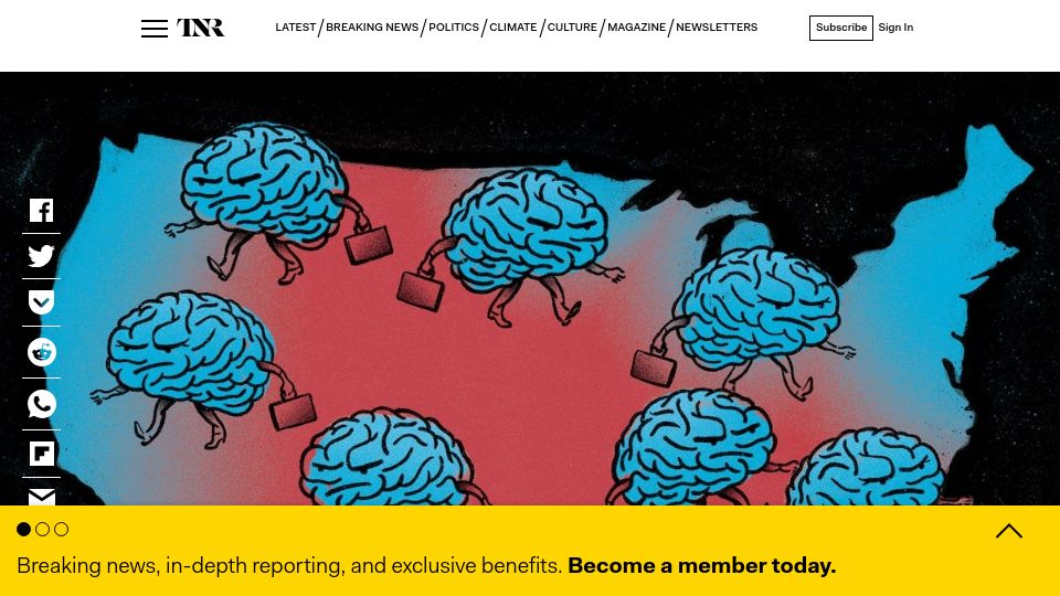 Screenshot of newrepublic.com: The Red State Brain Drain Isn't Coming. It's Happening