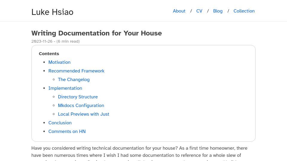 Screenshot of luke.hsiao.dev: Writing documentation for your house
